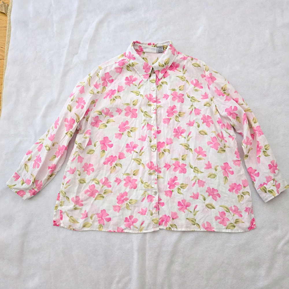 PARISIAN Works 2X Plus Linen Floral Collared Long Sleeve Button-Up Shirt